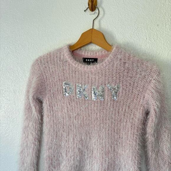 DKNY y2k baby pink silver sequin fuzzy logo sweater M - Picture 2 of 8
